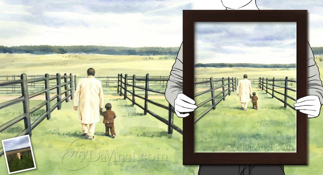 Hand Painted Watercolor Portrait of A Father with His Little Child Walking in a Farm,by myDaVinci | myDaVinci