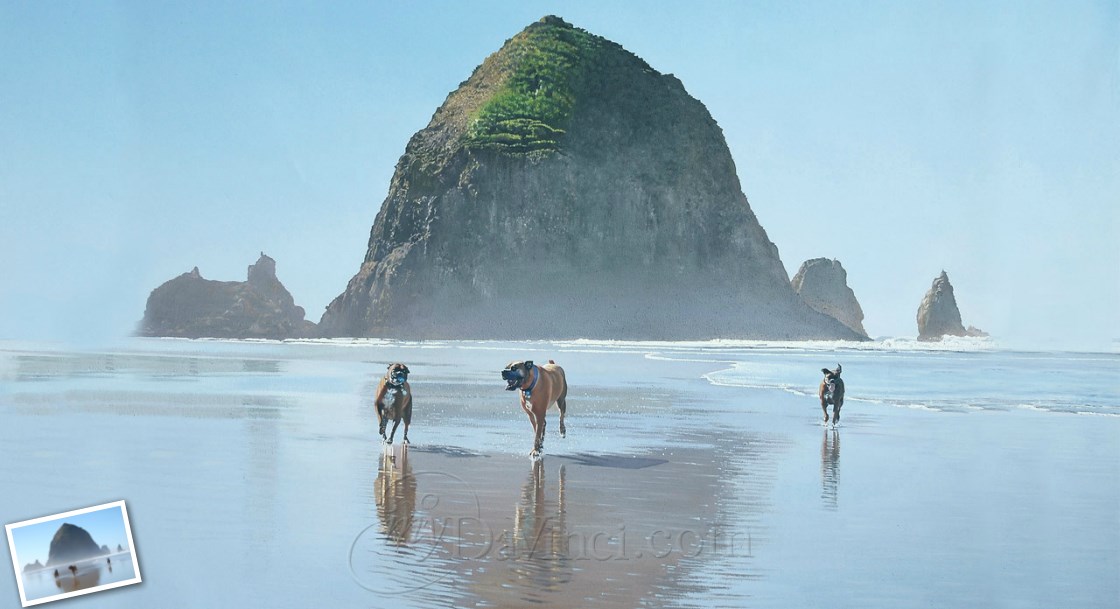 oil painting from a photo of beautiful beach with 3 dogs running to the photographer, by myDaVinci | myDaVinci