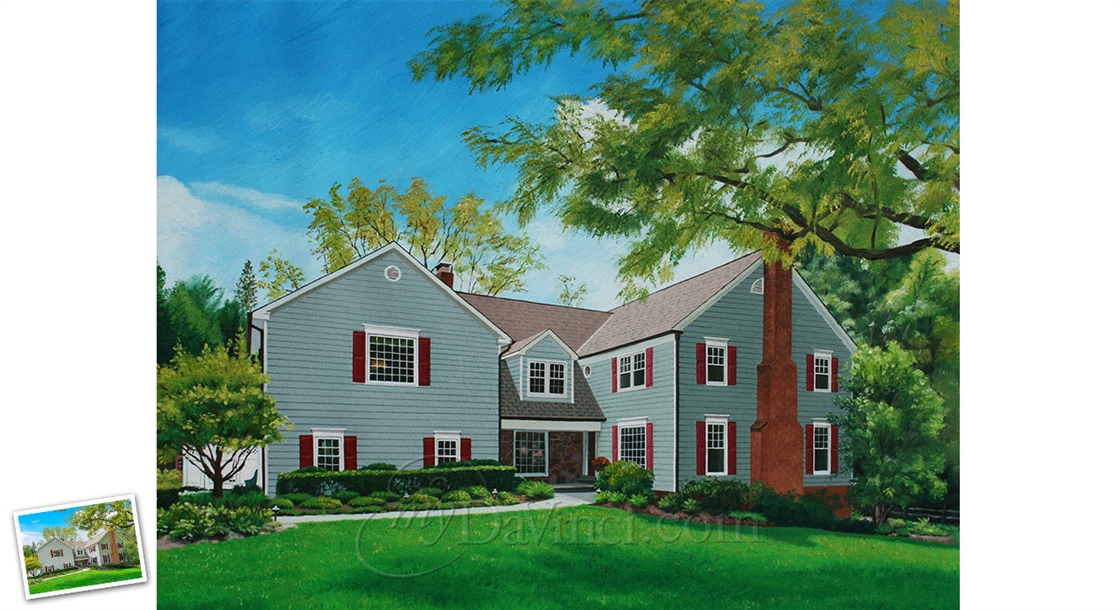 Hand Painted Custom Oil Portrait of A Residential 2-Stories House with Summer Landscape,by myDaVinci | myDaVinci