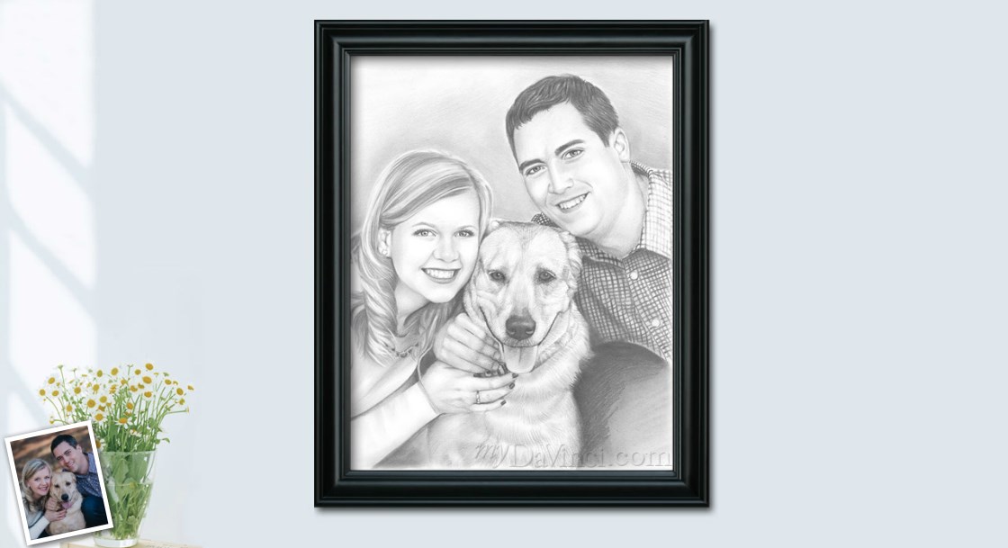 Hand Drawn Pencil Sketch Portrait of A Happy Couple with Their Dog from A Photo | myDaVinci