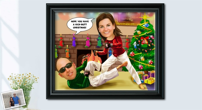 Custom Christmas Caricature of A Couple Playing Kung Fu by Fireplace at Home,by myDaVinci | myDaVinci