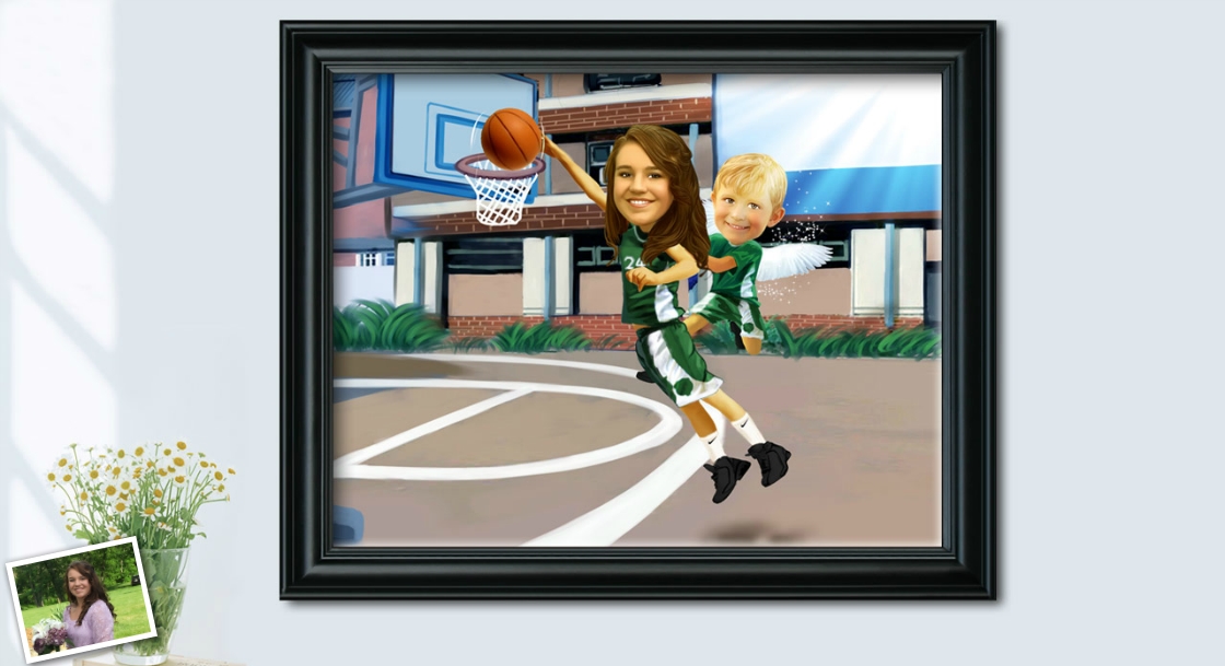 Custom Memorial Caricature of A Teenager Girl Playing Basketball with An Angel Boy,by myDaVinci | myDaVinci