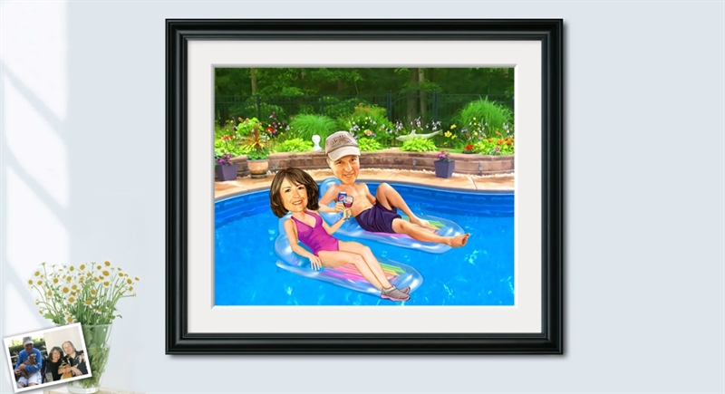 Custom Caricature of A Happy Couple on Pool Floats Cheering with Drink,by myDaVinci | myDaVinci