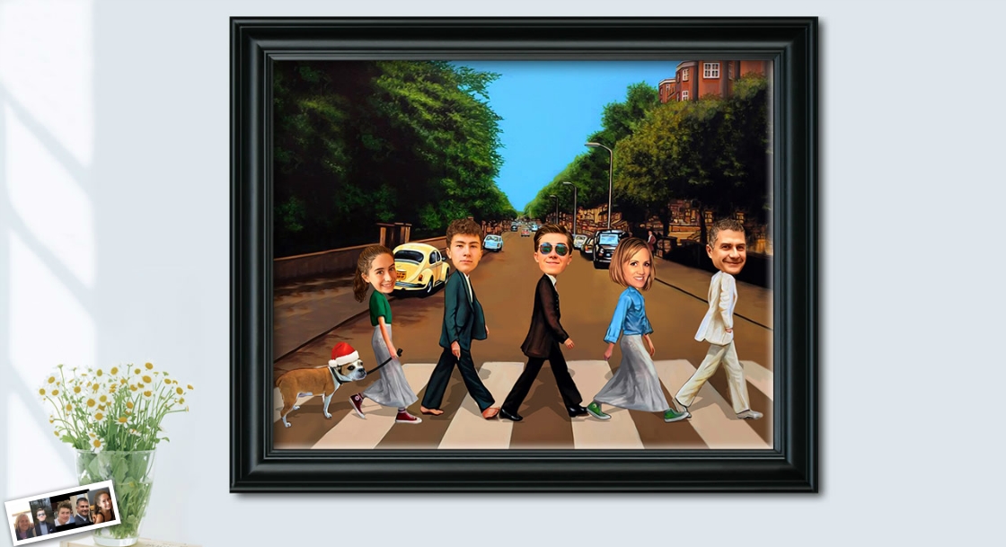 Custom Caricature of A Group of People with A Dog,Beatles Like Caricature,by myDaVinci | myDaVinci