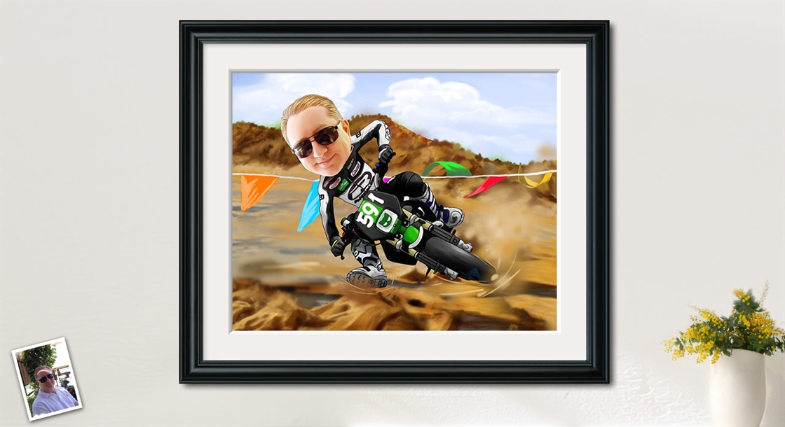 Custom Man Caricature of Motorcycle Cross Country Ride from Photo,by myDaVinci | myDaVinci