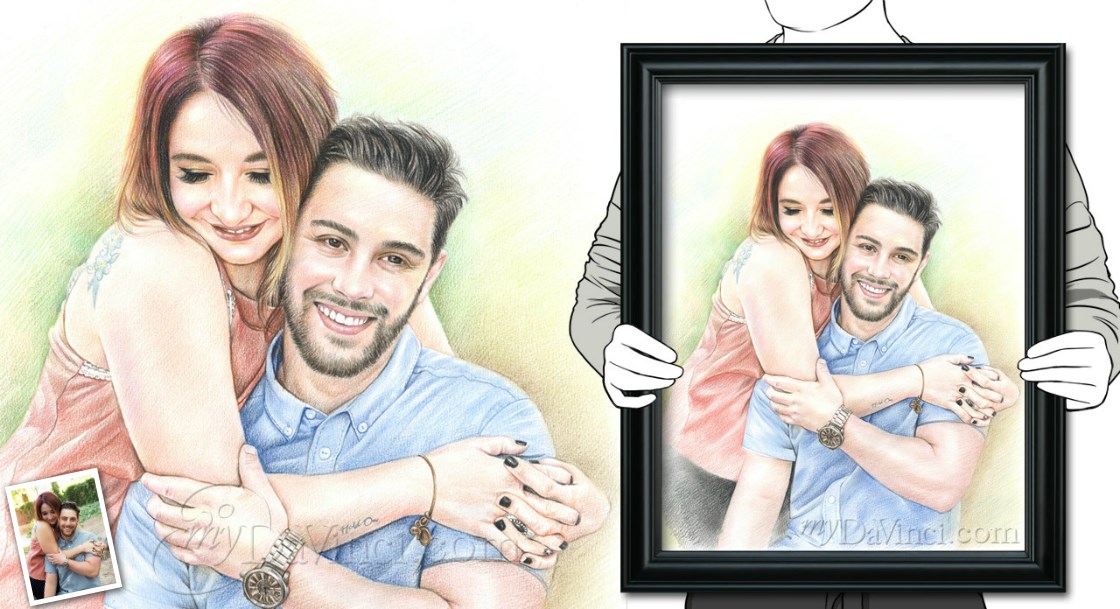 Color Pencil Drawing of A Young Couple Holds Each Other,from A Photo, by myDaVinci | myDaVinci