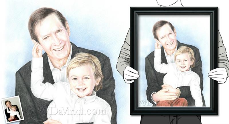 Hand Drawn Color Pencil Portrait of A Grandpa holding His Little Grandson,by myDaVinci | myDaVinci