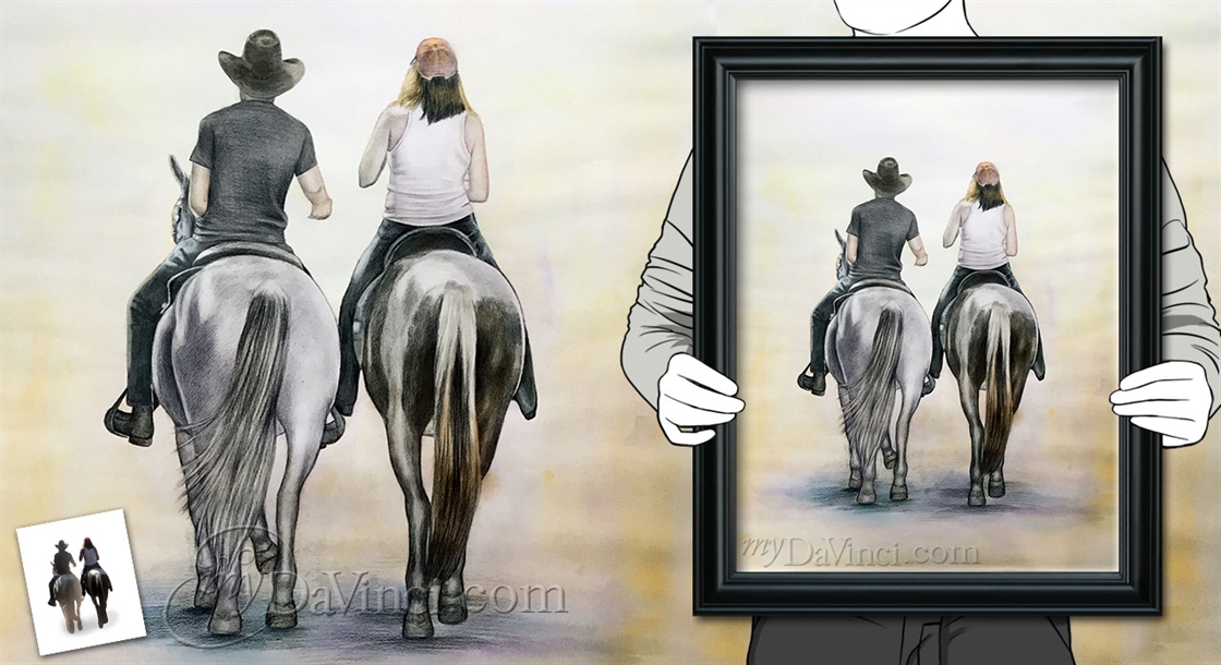 Hand Drawn Vintage Davinci Sketch of Back View of A Couple with Cowboy Hats on Horses,by myDaVinci | myDaVinci