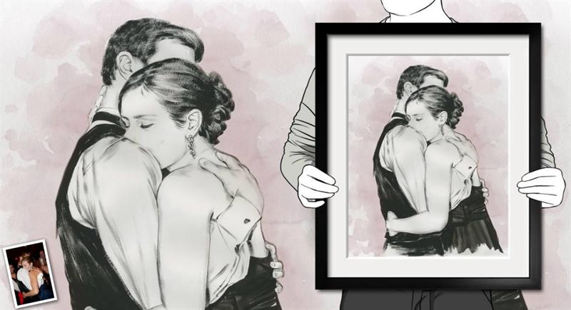 Hand Painted Ink Rendering Portrait of A Happy Couple Hugging | myDaVinci