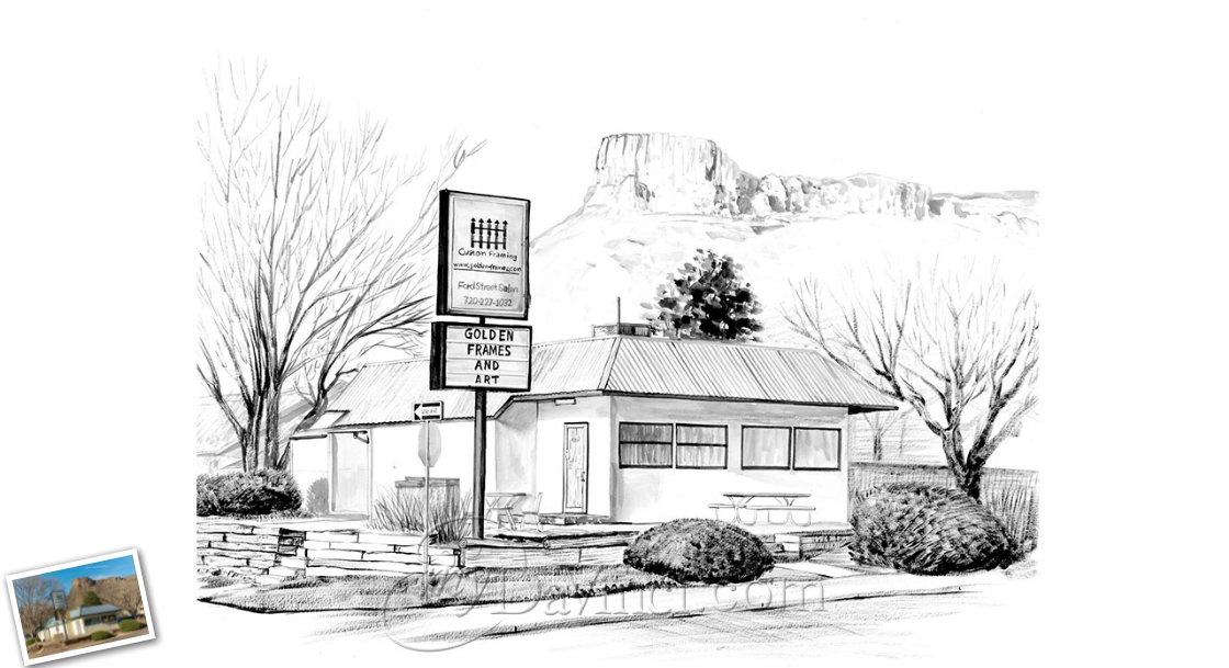 Hand Painted Ink Rendering of An Art Store in Front of Mountains,by myDaVinci | myDaVinci