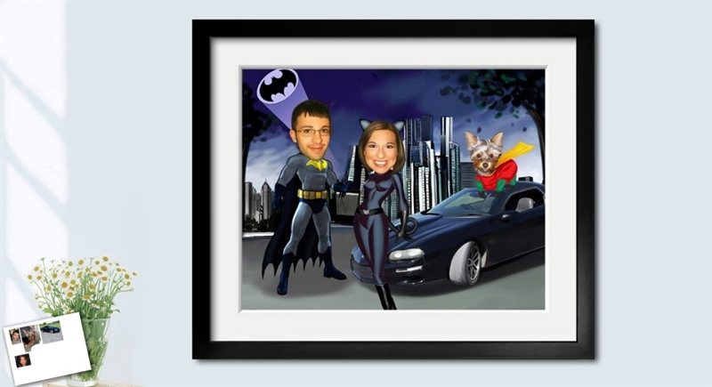 Custom Superhero Couple Caricature with Their Little Dog,by myDaVinci | myDaVinci