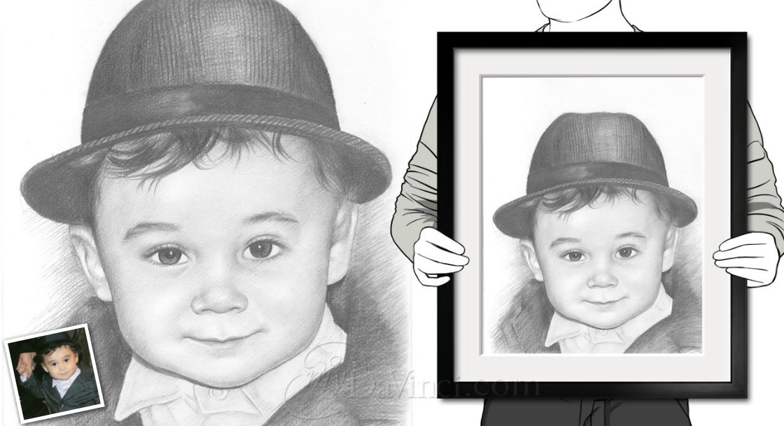 Hand Drawn Pencil Sketch of a Cute Little Jewish Boy with A Hat Smiling, from Photo, by myDaVinci | myDaVinci