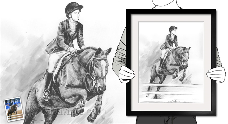 Hand Painted Ink Rendering of A Woman Riding A Horse in Equestrian Competition | myDaVinci