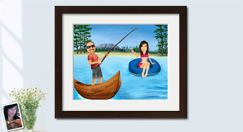 Custom Caricature for A Couple's Fishing Romance,by myDaVinci | myDaVinci