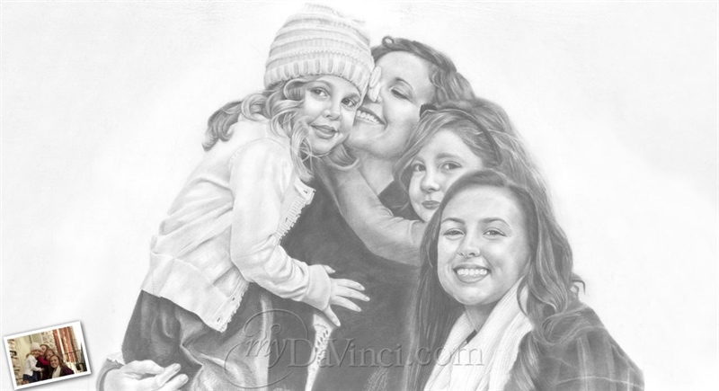 Hand Drawn Pencil Portrait Sketch of Family of 4 from A Holiday Photo,by myDaVinci | myDaVinci