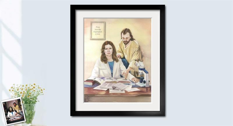 Hand Painted Watercolor of A Medical Female Doctor in White Suit Together with Jesus,by myDaVinci | myDaVinci