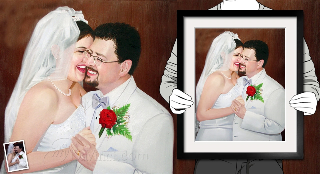 Hand Painted Custom Oil Painting Portrait of A Happy Wedding Couple Hugging and Smiling,by myDaVinci | myDaVinci