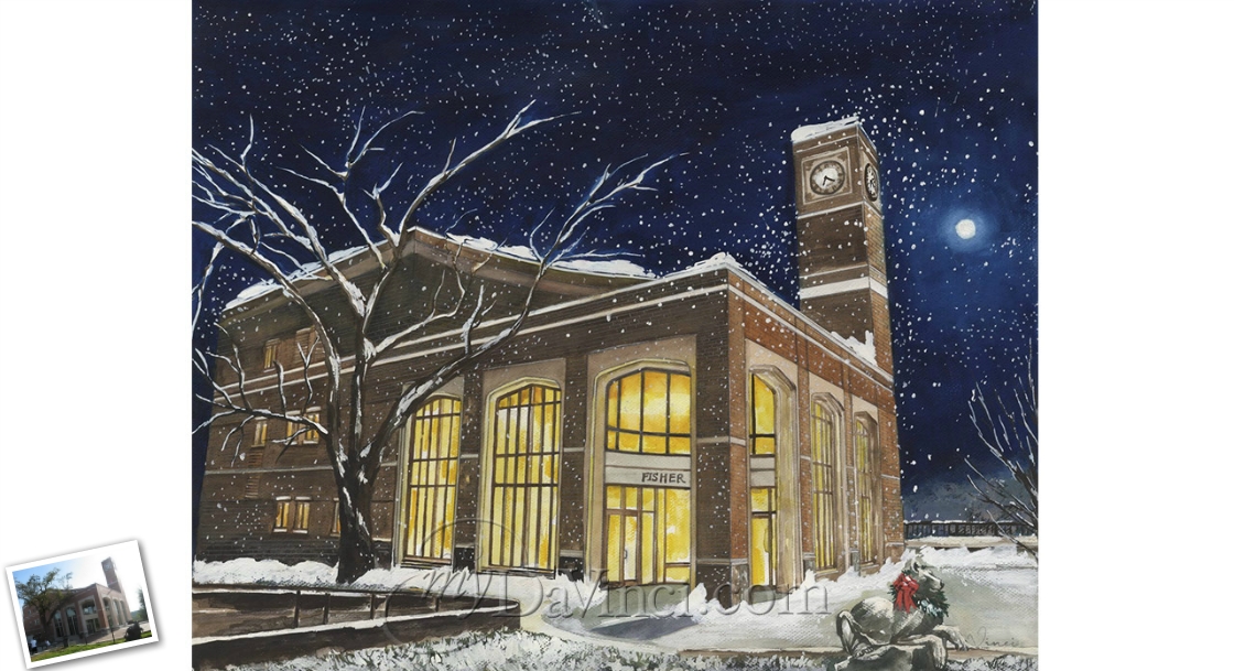 Hand Painted Watercolor of A Single Building with A Clock on Top in a Night View,by myDaVinci | myDaVinci