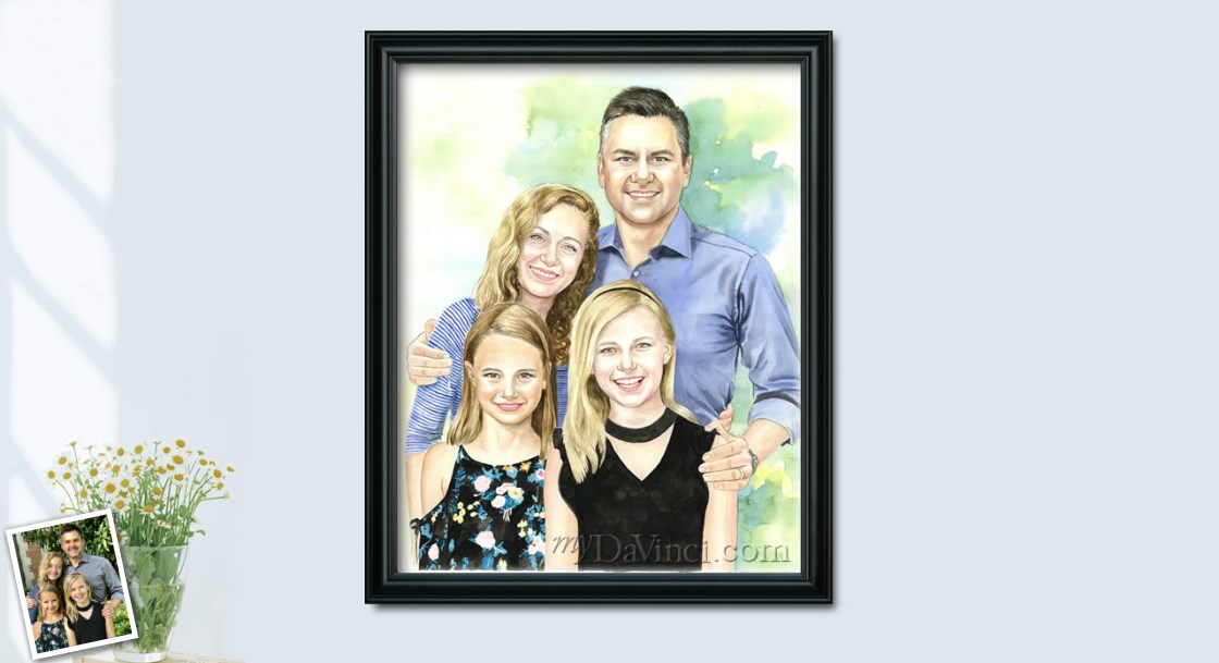 Hand Painted Watercolor Portrait of Family of Four,by myDaVinci | myDaVinci