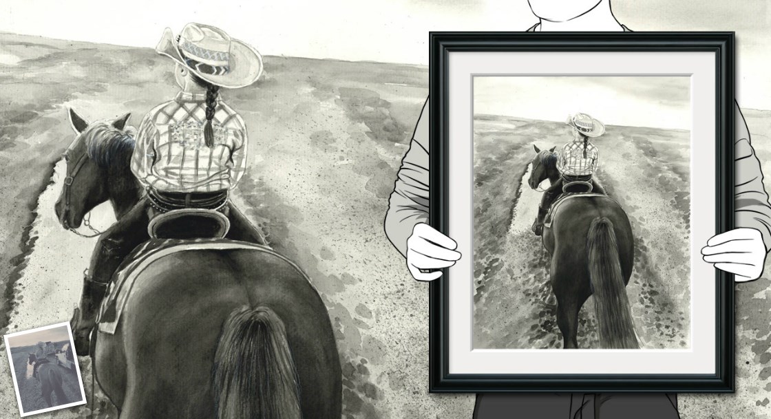 Black and White Hand Painted Watercolor from A Photo of A Girl with Her Horse | myDaVinci