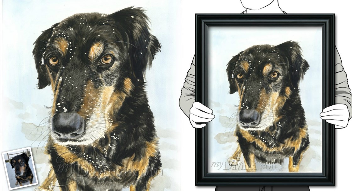 Hand Drawn Watercolor Dog Portrait from A Headshot Photo of A Black Dog, by myDaVinci | myDaVinci