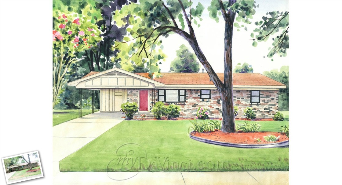 House Portrait with Beautiful Landscaping in Hand-Painted Watercolor,from photo,by myDaVinci | myDaVinci