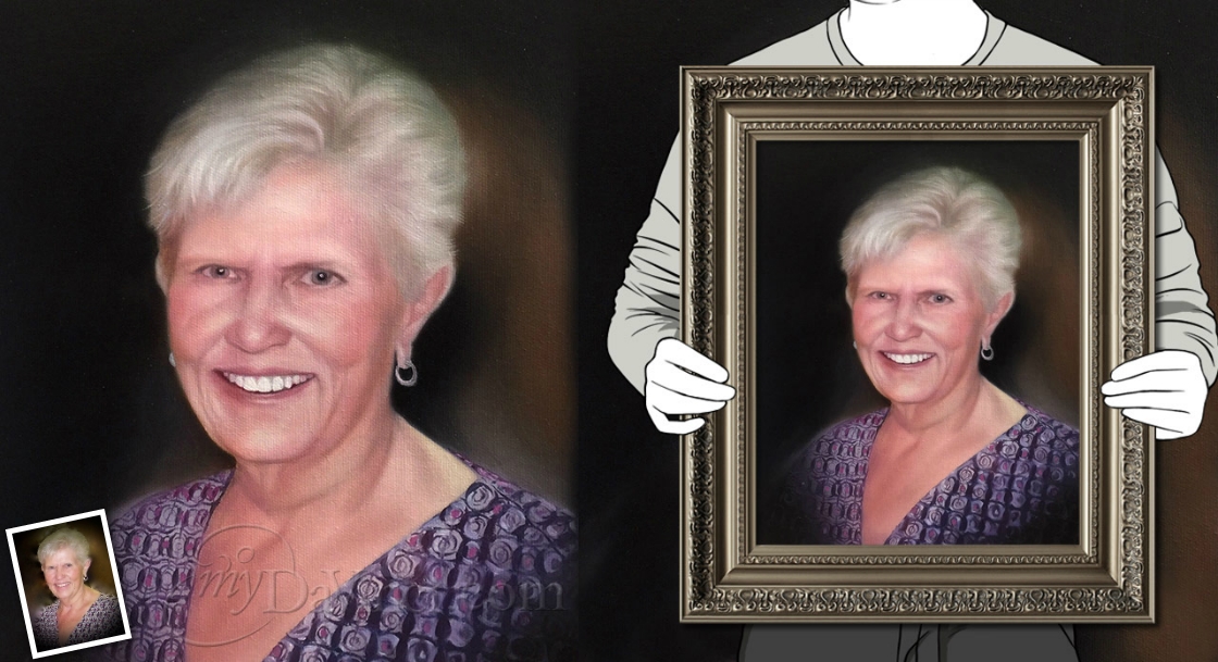 Hand Painted Oil Portrait of An Older Lady with Blond Hair Smiling,by myDaVinci | myDaVinci