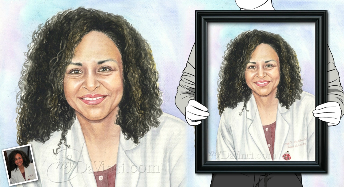 Hand Painted Watercolor Portrait of A Female Doctor with Long Curly Black Hair Smiling,by myDaVinci | myDaVinci