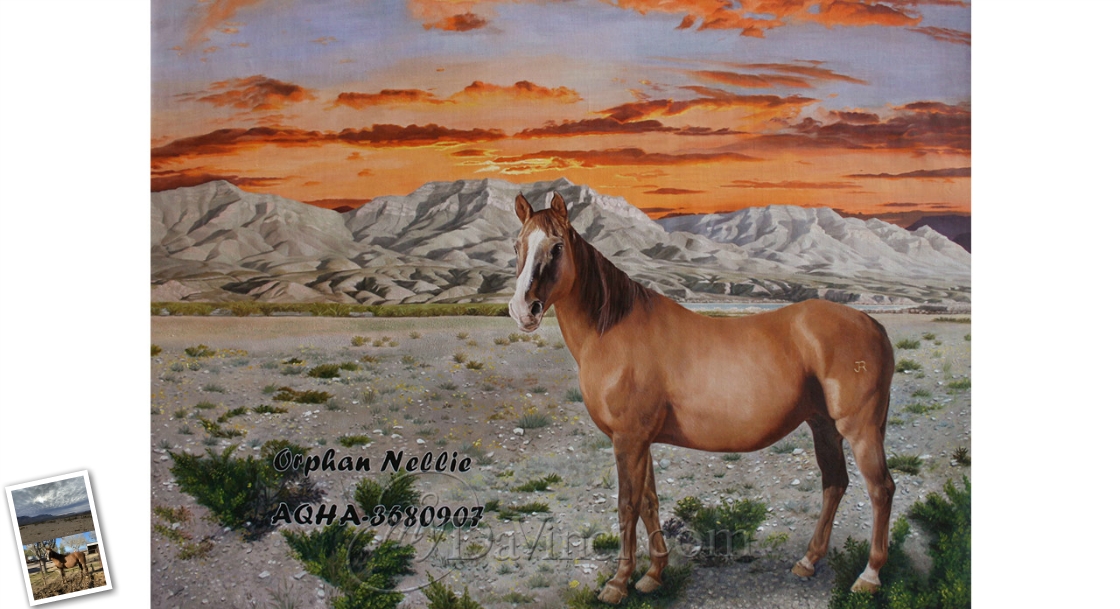 hand painted oil painting of A brown horse standing in Front of A big Green Mountain,by myDaVinci | myDaVinci