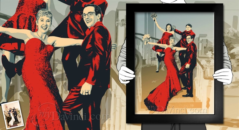 Propaganda Pop Art Wedding Portrait from photo, with 4 people on stairs | myDaVinci