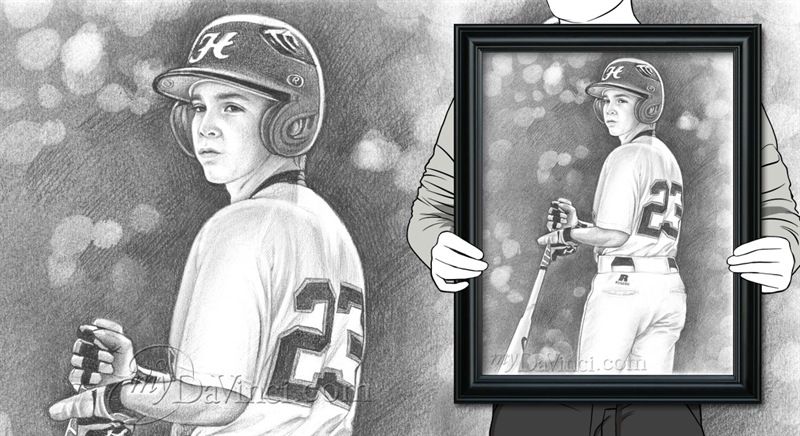 Hand Drawn Pencil Portrait of A Young Baseball Player Holding His Bat,by myDaVinci | myDaVinci