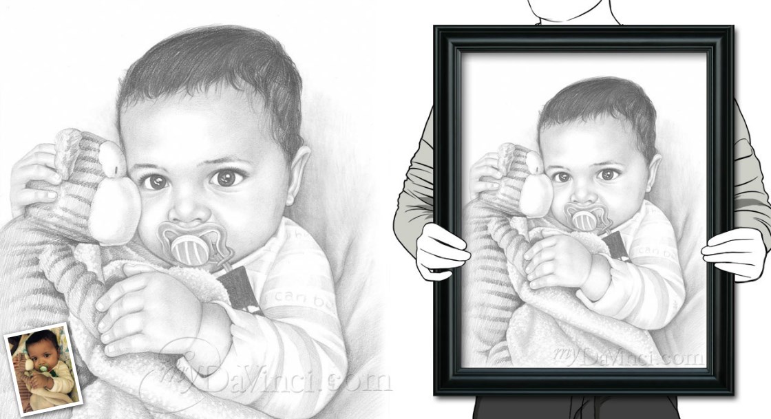 Hand Drawn Pencil Sketch Portrait of A Little African Boy with His Stuffed Animal | myDaVinci