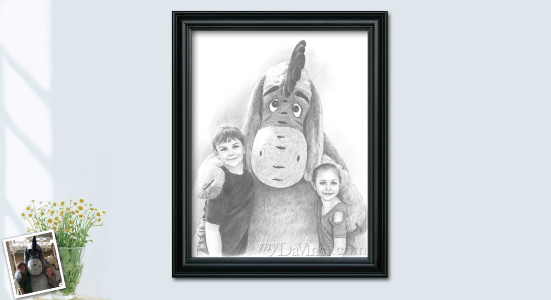 Hand Drawn Pencil Sketch Portrait of Two Kids With Big Stuffed Dog from A Photo | myDaVinci
