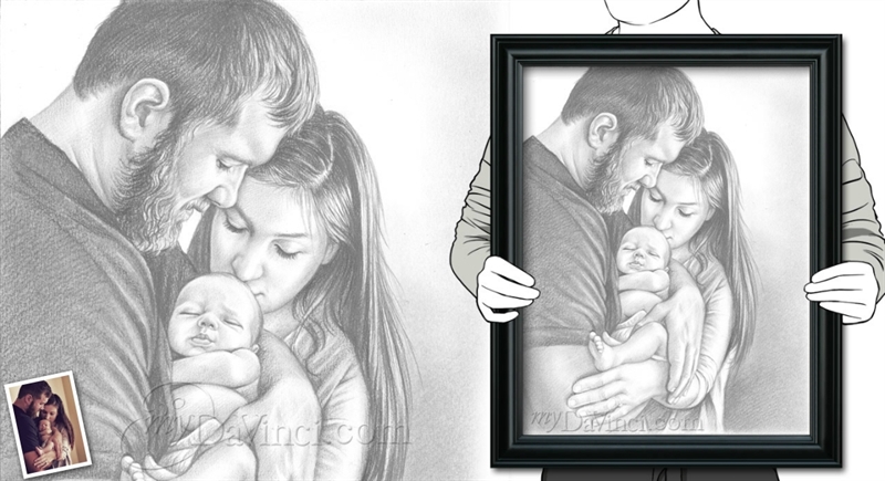 Hand Drawn Pencil Portrait of Young Family of Three with A Newborn,by myDaVinci | myDaVinci