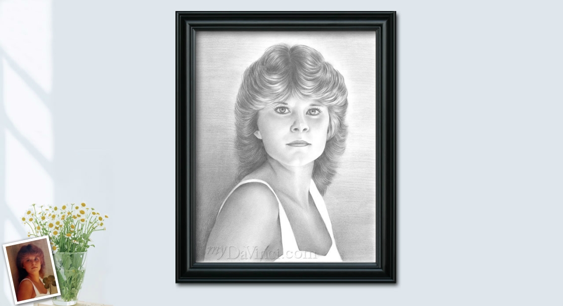 pencil sketch memorial portrait of a young lady in short blond hair from her old photo,by myDaVinci | myDaVinci