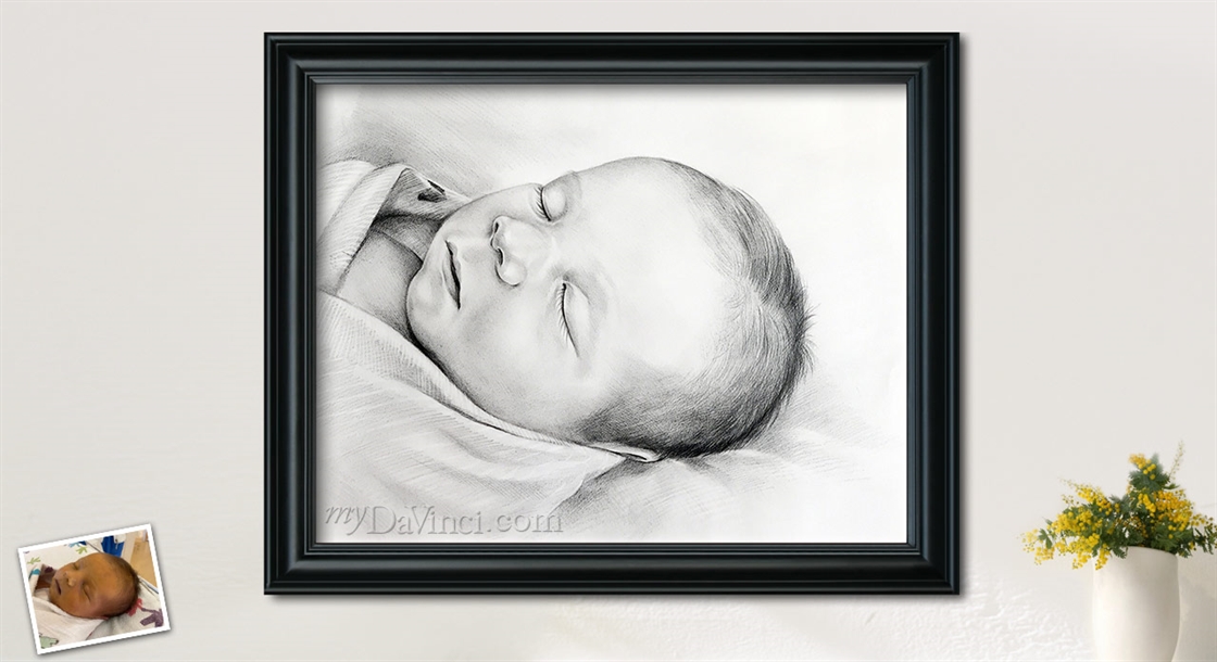 Hand Drawn Pencil Sketch Portrait of A Sleeping Newborn Boy,for Memorial,by myDaVinci | myDaVinci