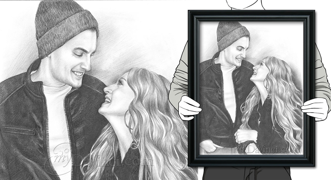 Hand Drawn Pencil Sketch Portrait of A Happy Young Couple Looking At Each Other,by myDaVinci | myDaVinci
