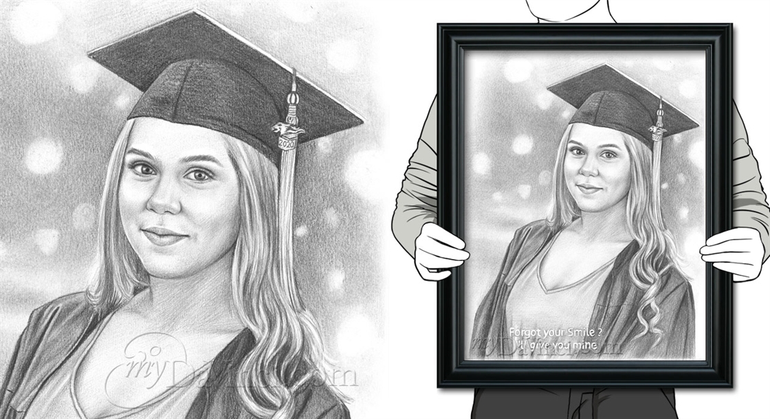 Hand Drawn Pencil Portrait of A Young Woman with Graduation Gown,by myDaVinci | myDaVinci