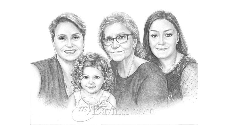 Hand Drawn Pencil Sketch Portrait of 4 Generations from Photos,by myDaVinci | myDaVinci