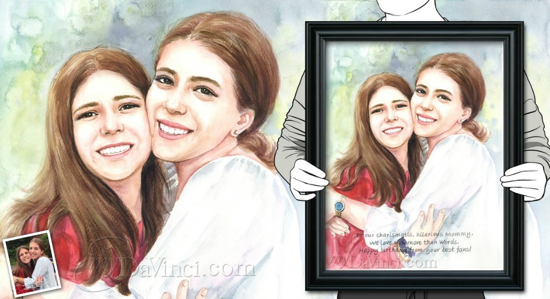 Watercolor Family Portraits from Photos,with a happy mom and her teenager daughter together | myDaVinci